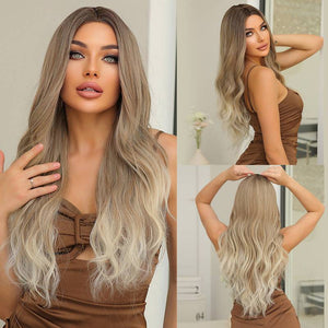 Long Brown Wavy Wig For Women, Natural Look Ombre Curly