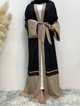 Load image into Gallery viewer, Color Block Tie Waist Abbaya, Elegant Lace Stitching Maxi Length Kaftan