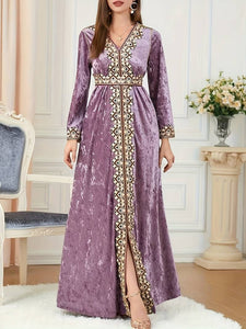 Embroidered Kaftan Dress, Elegant V Neck Long Sleeve Abbaya