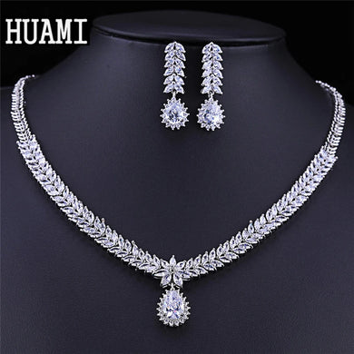 HUAMI Earings Fashion Jewelry Sets Pendant Necklace for Women Gift Water Drop Earrings Stud Silver Color Zircon Wedding Gift