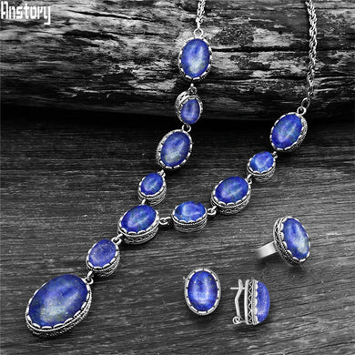 Vintage Natural Lapis Lazuli Necklace Ring Stud Earring Jewelry Sets Antique Silver Plated Quartz Unakite Stone Quartz Set