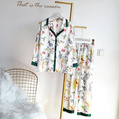 Long-sleeved Ice Silk Pajamas Two-piece Set  Satin Pajama Set Thin V-neck