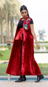 Luxury Red Long Hand made Embroided French Velvet Dress with belt by Designer Shereen