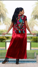 Load image into Gallery viewer, Luxury Red Long Hand made Embroided French Velvet Dress with belt by Designer Shereen