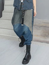 Load image into Gallery viewer, High Waist Blue Denim  Striped  Long Cross Wide Leg Jeans