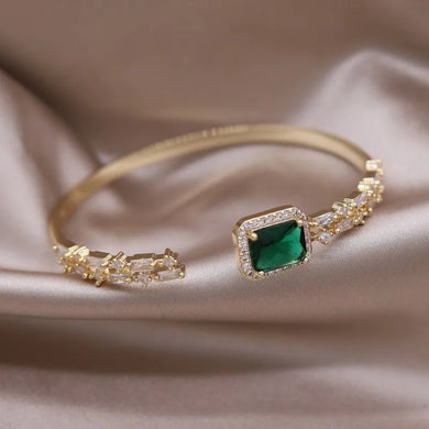 14K Gold Plated Square Green Zircon Open Bracelet Luxury  Accessories