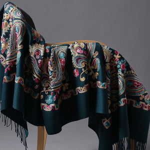 Women Black Embroided Flower Pashmina Cashmere Scarf Winter Warm Fine Tassels Scarves - FUCHEETAH