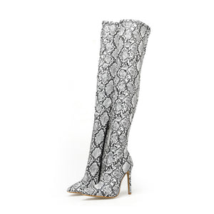 Women Over The Knee Suede Boots Snake Print 11.5cm High Heels Shoes - FUCHEETAH