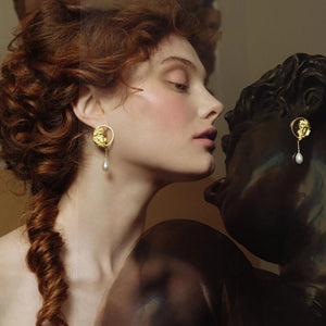 Golden Metal Portrait Pearl Pendant Stud Earrings - FUCHEETAH
