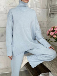 2 Pieces Women Sets Knitted Tracksuit Turtleneck Sweater