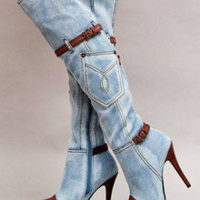 Cargar imagen en el visor de la galería, Women&#39;s Denim Plus Size Boots Stitching High Heel Knee-high Boots