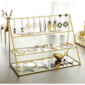 Retro Brass Glass Three-Layer Jewelry Rack Earrings Bracelet Jewelry Store Shopping Mall Storage Display Display Stand Issued On Behalf Of