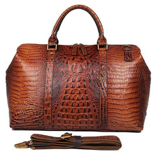 Load image into Gallery viewer, Brown Croc Print Real Leather Duffle Bag For Weekend Traveling