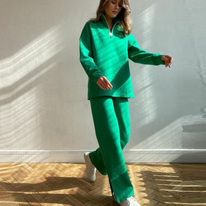 Women's Autumn And Winter Sport Suit Temperament With Zipper Sweater Trousers Two-piece Set