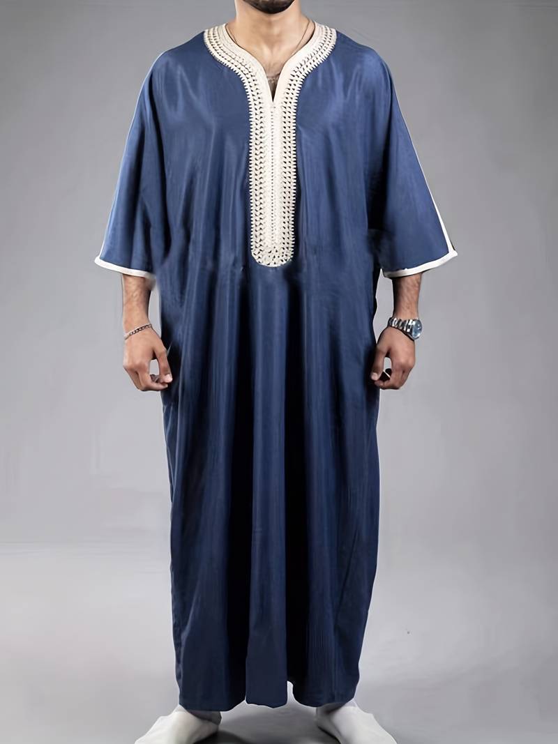 Arabic Thobe for Men Long Sleeve Solid Color V Neck