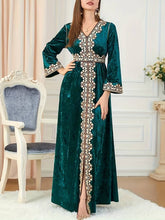 Charger l&#39;image dans la galerie, Embroidered Kaftan Dress, Elegant V Neck Long Sleeve Abbaya