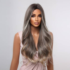 Brown Mixed With Blonde White Wigs For Women Long Wavy Middle Part  Natural Looking Synthetic Wig