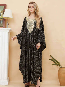 Allover Print Long Sleeve Abbaya, Elegant Embroidered Maxi Length Kaftan