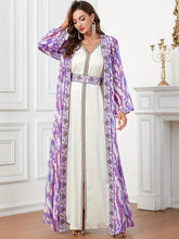 Load image into Gallery viewer, Elegant Two-piece Abbaya Set, All over Print Open Front Coverup &amp; Embroidered V-neck Maxi