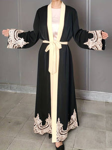 Contrast Lace Open Front Abbaya, Elegant Long Sleeve Maxi Kaftan