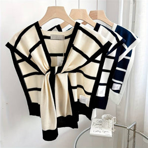 Classic Striped Knitted Shawl Elegant Warm Wrap Long Sleeve Jacket