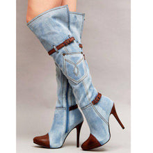 Cargar imagen en el visor de la galería, Women&#39;s Denim Plus Size Boots Stitching High Heel Knee-high Boots