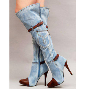 Women's Denim Plus Size Boots Stitching High Heel Knee-high Boots