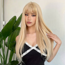 Cargar imagen en el visor de la galería, Long Straight Blonde Wigs With Bangs Synthetic Rose Net Hair Wigs