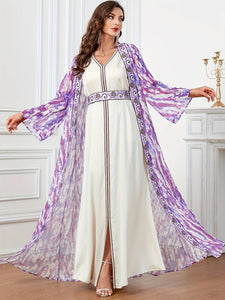 Elegant Two-piece Abbaya Set, All over Print Open Front Coverup & Embroidered V-neck Maxi