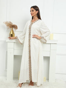 Bronzing V Neck Abbaya Kaftan Dress, Elegant Ankle Length Love Sleeve