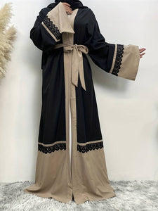 Color Block Tie Waist Abbaya, Elegant Lace Stitching Maxi Length Kaftan