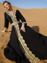 Load image into Gallery viewer, Lace Embroidered Tie Waist Abbaya, Elegant V-neck Contrast Trim Maxi Length Kaftan