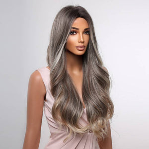 Brown Mixed With Blonde White Wigs For Women Long Wavy Middle Part  Natural Looking Synthetic Wig