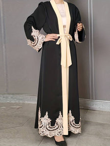 Contrast Lace Open Front Abbaya, Elegant Long Sleeve Maxi Kaftan