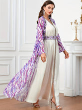 Load image into Gallery viewer, Elegant Two-piece Abbaya Set, All over Print Open Front Coverup &amp; Embroidered V-neck Maxi
