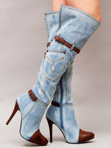 Women's Denim Plus Size Boots Stitching High Heel Knee-high Boots