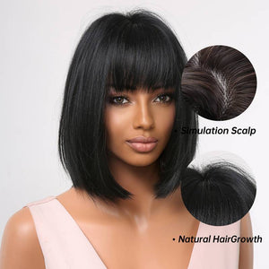 Short Bob Straight Black Wigs For Women With Bangs Heat Resistant