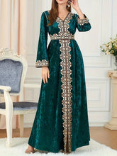 Charger l&#39;image dans la galerie, Embroidered Kaftan Dress, Elegant V Neck Long Sleeve Abbaya