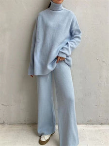 2 Pieces Women Sets Knitted Tracksuit Turtleneck Sweater