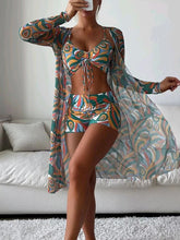 Laden Sie das Bild in den Galerie-Viewer, 3pcs Pring Bikini With Long Sleeve Cardigan Fashion Summer Beach Swimsuit Women