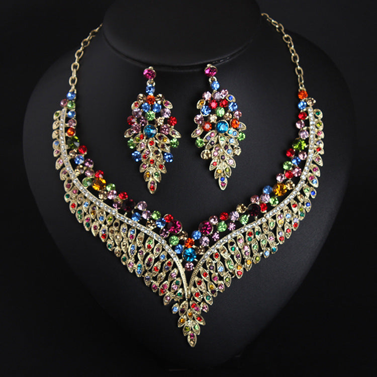 Full Rhinestone Color Clavicle Necklace And Earring Accessories Set for occasions