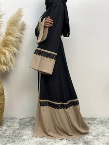 Color Block Tie Waist Abbaya, Elegant Lace Stitching Maxi Length Kaftan