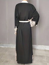 Cargar imagen en el visor de la galería, Contrast Lace Open Front Abbaya, Elegant Long Sleeve Maxi Kaftan