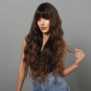 Wig Women's Mid-Length Brown Long Curly Hair Wig With Bangs Fluffy Wavy