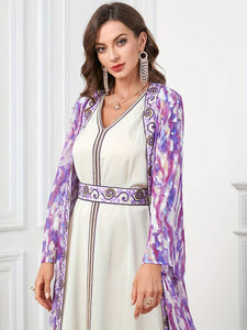 Elegant Two-piece Abbaya Set, All over Print Open Front Coverup & Embroidered V-neck Maxi