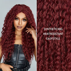 Long Curly Wine Red Front Lace Wigs Women's Middle Part Wigs