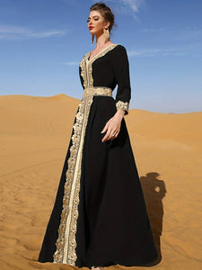 Lace Embroidered Tie Waist Abbaya, Elegant V-neck Contrast Trim Maxi Length Kaftan