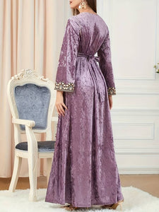 Embroidered Kaftan Dress, Elegant V Neck Long Sleeve Abbaya