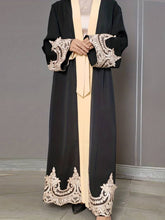Cargar imagen en el visor de la galería, Contrast Lace Open Front Abbaya, Elegant Long Sleeve Maxi Kaftan
