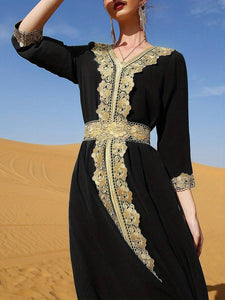 Lace Embroidered Tie Waist Abbaya, Elegant V-neck Contrast Trim Maxi Length Kaftan